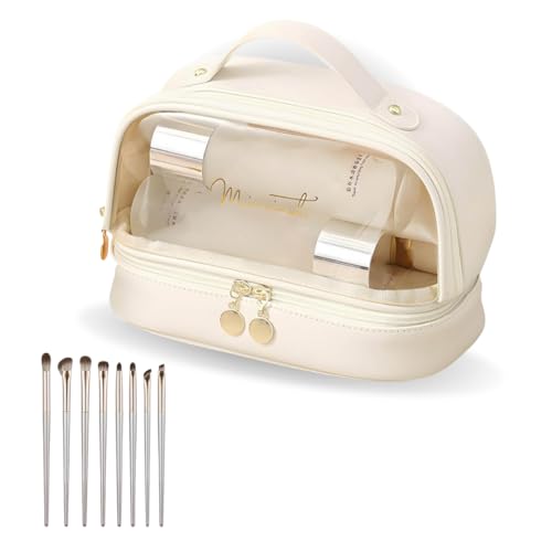 Make-up-Tasche, transparent, hochwertig, auf zwei Ebenen, Organizer-Tasche, Pinselhalter + 8 Make-up-Pinsel, wasserdichtes PVC, Metallreißverschlüsse (23 x 13,5 x 16 cm) von Casa Alexandra