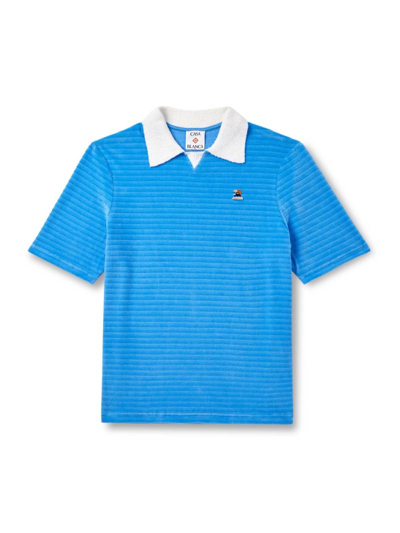 Casablanca - Logo-Appliquéd Bouclé-Trimmed Cotton-Blend Velour Polo Shirt - Men - Blue - S von Casablanca