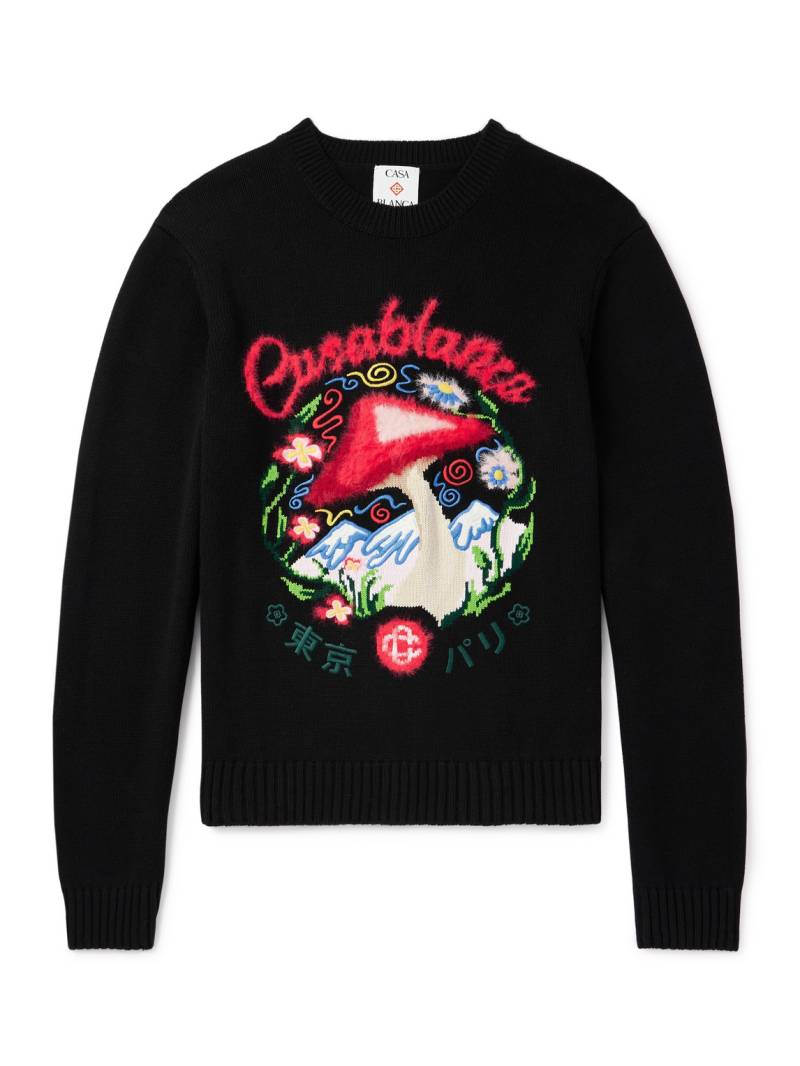 Casablanca - Mushroom Embroidered Intarsia-Knit Cotton-Blend Sweater - Men - Black - S von Casablanca