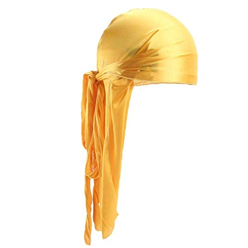 Unisex Polyester Turban Cap Silky Durag Long-tail-breite Bügel Headwraps Glatte Dome Pirate Cap Solid Color Motorradfahrer Kopftuch Turban Für Frauen Männer Gelb von Casecover