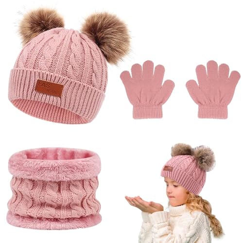 Casenly 3 Stück Kinder Wintermütze Schal Handschuhe Set, Rosa Warme Winter Beanie Hut Handschuhe Schal Set, Kindermütze Strickmütze Schal Handschuhe für 1-5 Jahre Jungen Mädchen Kinder von Casenly