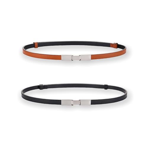 Damengürtel, schmal, weich, Echtleder, verstellbar, schmal, silberfarben, metallisch, Plakette, Schnallenbund, 2er-Pack, Schwarz und Braun, Einheitsgröße von CaserBay