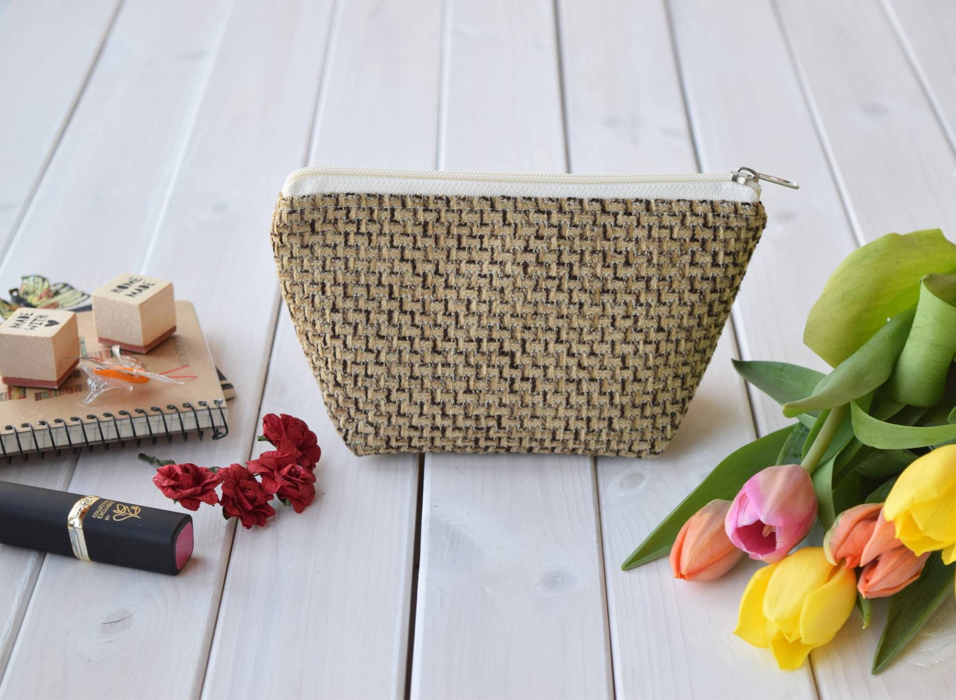 Gewebte Kosmetiktasche Beige Make-Up-Tasche, Geldbörse von CasesLab