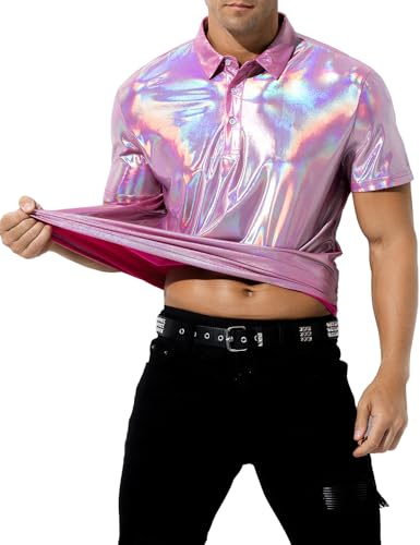 Casey Kevin Glitzer Hemd Herren 70er Jahre Outfit Herren Pailletten Oberteil Festival Outfit Shining kostüm Metallic Polo Shirts von Casey Kevin