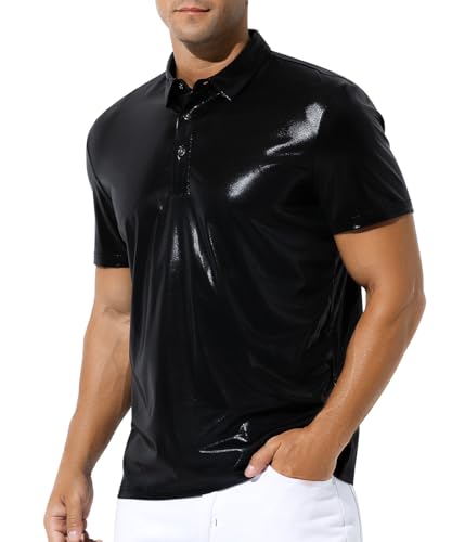 Casey Kevin Glitzer Hemd Herren 70er Jahre Outfit Herren Pailletten Oberteil Festival Outfit Shining kostüm Metallic Polo Shirts von Casey Kevin