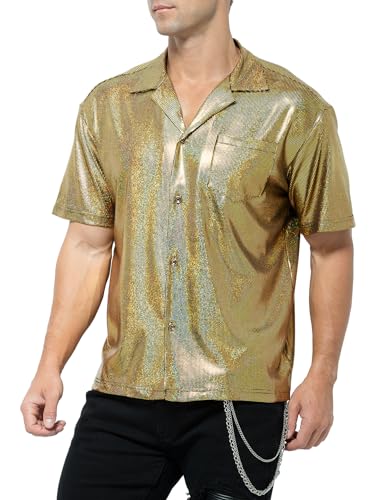 Casey Kevin Herren Glitzer Hemd Metallic Glänzend Nachtklub Party Pailletten Kleid Shirts Nachtclub-Stil Top Freizeithemd 70s Disco Party Kostüm von Casey Kevin