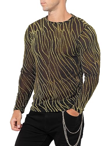 Casey Kevin Langarmshirts Herren Glitzer Muskel Transparent Hemd Tüll Mesh Shirts Freizeithemden Durchsichtig Oberteile Sexy Party Outfit Netz T-Shirt von Casey Kevin