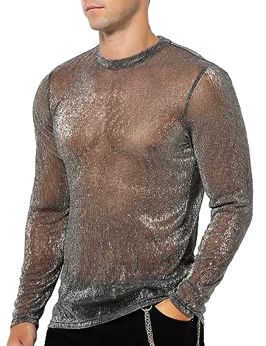 Casey Kevin Herren Langarmshirts Muskel Transparent Hemd Mesh Shirts Sparkle & Shine Shirts Netz T-Shirt Durchsichtig Rundkragen Oberteile Clubwear von Casey Kevin