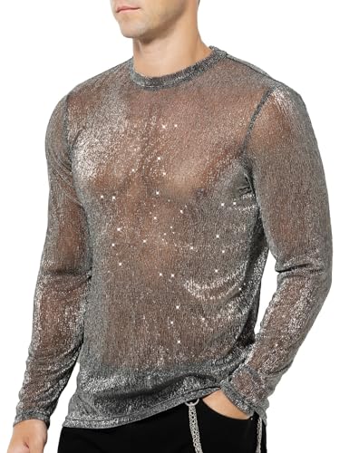 Casey Kevin Herren Langarmshirts Muskel Transparent Hemd Mesh Shirts Sparkle & Shine Shirts Netz T-Shirt Durchsichtig Rundkragen Oberteile Clubwear, S von Casey Kevin