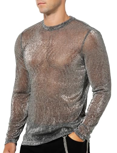 Casey Kevin Herren Langarmshirts Muskel Transparent Hemd Mesh Shirts Sparkle & Shine Shirts Netz T-Shirt Durchsichtig Rundkragen Oberteile Clubwear von Casey Kevin