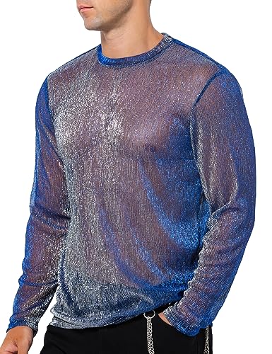 Casey Kevin Herren Langarmshirts Muskel Transparent Hemd Mesh Shirts Sparkle & Shine Shirts Netz T-Shirt Durchsichtig Rundkragen Oberteile Clubwear von Casey Kevin