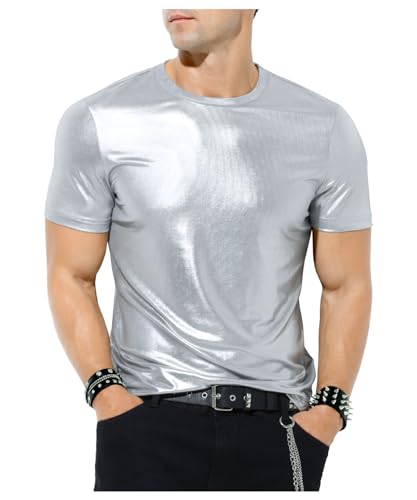 Casey Kevin Herren Metallic Glänzend Shirt Solides Goldenes Silber Hemd Glitzer Nachtclub T-Shirts 70er 80er Disco Bronzing Party Kostüm von Casey Kevin