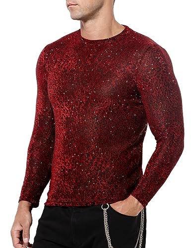 Casey Kevin Herren Glitzer Shirts Pailletten T-Shirt Durchsichtig Oberteile Metallic Langarmshirts Hemd Glänzend von Casey Kevin