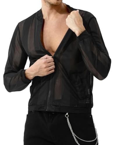 Casey Kevin Herren Netz Hemden Muskel Transparent Jacke Männer Mesh Langarm Casual Unterhemd,Schwarz,S von Casey Kevin