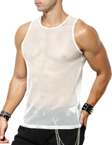 Casey Kevin Herren Netz Tank Tops Muskel Transparent Shirts Netzhemd Rundkragen Netzshirt für Männer ärmellos Clubwear von Casey Kevin