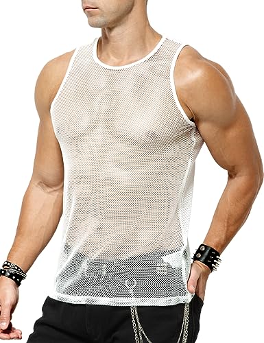 Casey Kevin Herren Netz Tank Tops Muskel Transparent Shirts Netzhemd Rundkragen Netzshirt für Männer ärmellos Clubwear Weiß|L von Casey Kevin