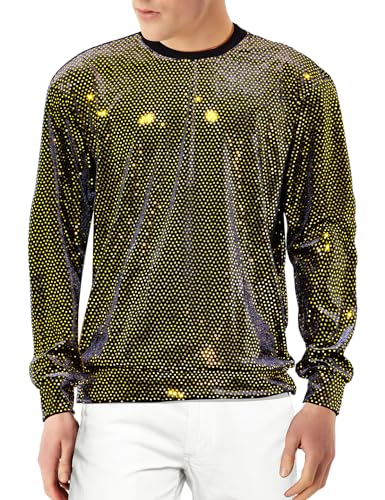 Casey Kevin Herren Pailletten Langarmshirts in Gold und Silber, Glänzende Oberteile für Männer, Party Karneval Disco Club Kostüm von Casey Kevin