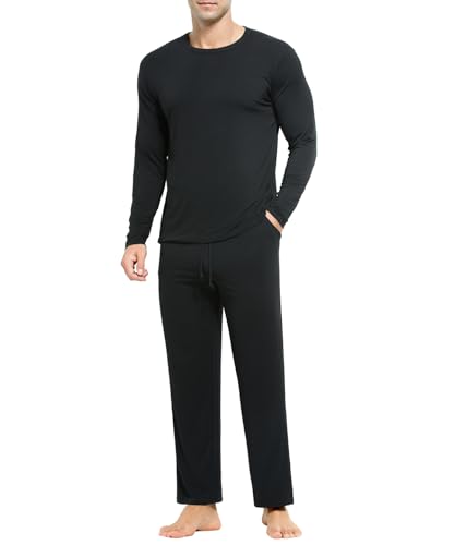Casey Kevin Herren Schlafanzug Lang Pyjama Zweiteiliges Set für Männer Langarm Shirt mit Rundhals und Pyjamahose mit Tasche von Casey Kevin
