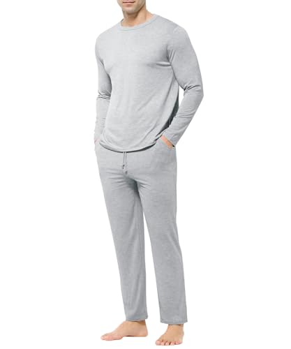 Casey Kevin Herren Schlafanzug Lang Pyjama Zweiteiliges Set für Männer Langarm Shirt mit Rundhals und Pyjamahose mit Tasche von Casey Kevin