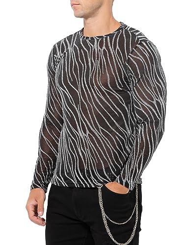 Casey Kevin Langarmshirts Herren Glitzer Muskel Transparent Hemd Tüll Mesh Shirts Freizeithemden Durchsichtig Oberteile Sexy Party Outfit Netz T-Shirt von Casey Kevin