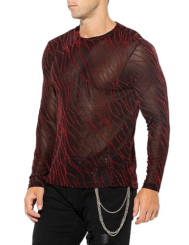 Casey Kevin Langarmshirts Herren Glitzer Muskel Transparent Hemd Tüll Mesh Shirts Freizeithemden Durchsichtig Oberteile Sexy Party Outfit Netz T-Shirt von Casey Kevin