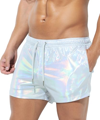 Casey Kevin Metall Shorts Herren Glänzende Kurze Hose Party Gold Silber einseitige See-Through-Effekt Shorts Bar Metallic-Shorts Pailletten Boxershorts von Casey Kevin