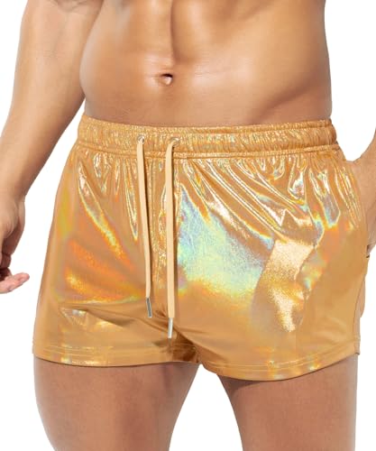 Casey Kevin Metall Shorts Herren Glänzende Kurze Hose Party Gold Silber einseitige See-Through-Effekt Shorts Bar Metallic-Shorts Pailletten Boxershorts von Casey Kevin