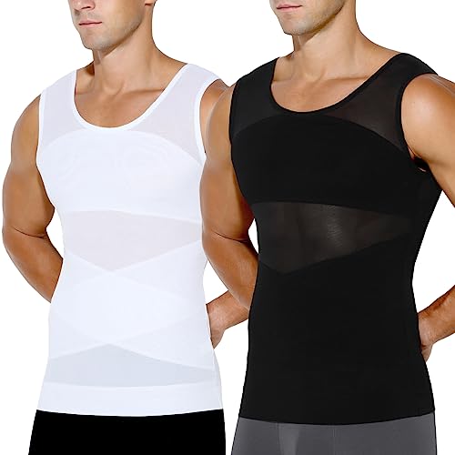 Casey Kevin Shapewear Herren Kompressionsshirt Elastische Bauchweg Unterhemd Herren Body Shaper Tank Top Ärmellos 2er Pack, Schwarz/Weiß, L von Casey Kevin