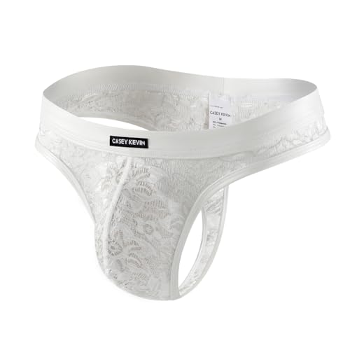 Casey Kevin String Tanga Herren Spitze Thong Männer Mesh Transparent PU Leder Unterwäsche Wetlook G-String T-Back Bikini von Casey Kevin