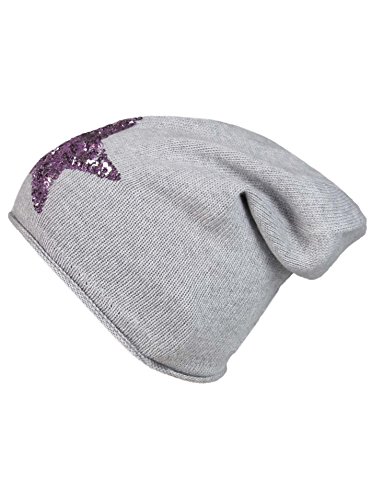 Cashmere Dreams Slouch-Beanie-Mütze mit Kaschmir - Hochwertige Strickmütze für Damen Mädchen - Hat - Pailletten Stern - One Size - Sommer Herbst und Winter Zwillingsherz (hellgrau/rosa) von Cashmere Dreams