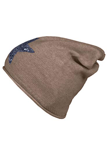 Cashmere Dreams Slouch-Beanie-Mütze mit Kaschmir - Hochwertige Strickmütze für Damen Mädchen - Hat - Pailletten Stern - One Size - Sommer Herbst und Winter Zwillingsherz (beige/blau) von Cashmere Dreams