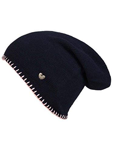 Zwillingsherz Slouch-Beanie-Mütze mit Kaschmir - Hochwertige Strickmütze für Damen Mädchen - Herz - Häkel-Rand - One Size - warm und weich im Sommer Herbst und Winter Zwillingsherz (Navy/rsa) von Cashmere Dreams