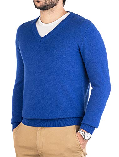 Cashmere Zone - Herren V-Ausschnitt Pullover 30% Kaschmir 70% Wolle Langarm Winterpullover Warm Hergestellt in Italien (L, Elektrikblau) von Cashmere Zone