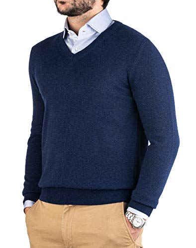 Cashmere Zone - Herren V-Ausschnitt Pullover 30% Kaschmir 70% Wolle Langarm Winterpullover Warm Hergestellt in Italien (M, Blau) von Cashmere Zone