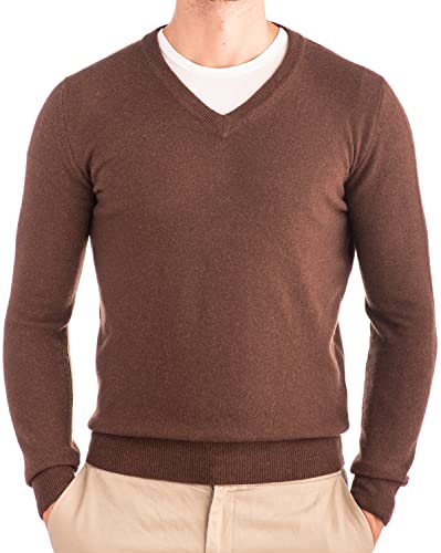 Cashmere Zone - Herren V-Ausschnitt Pullover 30% Kaschmir 70% Wolle Langarm Winterpullover Warm Hergestellt in Italien (M, Braun) von Cashmere Zone