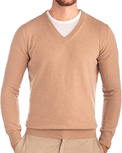 Cashmere Zone - Herren V-Ausschnitt Pullover 30% Kaschmir 70% Wolle Langarm Winterpullover Warm Hergestellt in Italien (XL, Beige) von Cashmere Zone