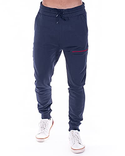 Cashmere Zone Trainingshose für Herren, Fitness, Sport, bequem, Trekking, 100% Reine Baumwolle, Taschen mit Reißverschluss (Blau, L) von Cashmere Zone