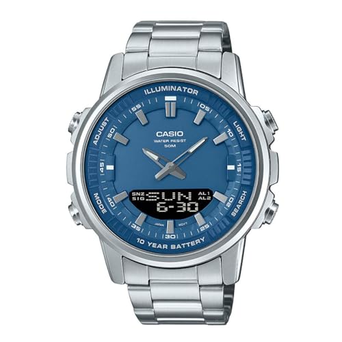 Casio AMW880D-2A1V Herren-Armbanduhr, Edelstahl, blaues Zifferblatt, analog, digital, Dual-Zeitzonen-Uhr, Blau von Casio