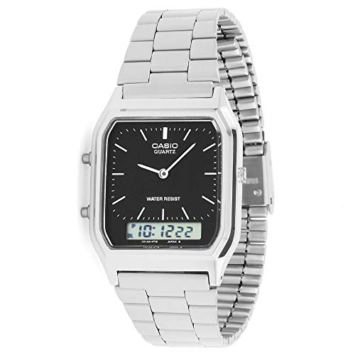 Casio Unisex Quartz Armbanduhr, 34.00mm GehäusegröÃŸe mit schwarz analog/digital Zifferblatt und Silber Metallarmband Armband AQ-230A-1DMQYES von Casio