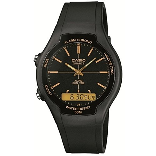 Casio Herren Quartz Armbanduhr, 38.00mm GehäusegröÃŸe mit schwarz analog/digital Zifferblatt und schwarz Rubber Strap Armband AW-90H-9EVEF von Casio