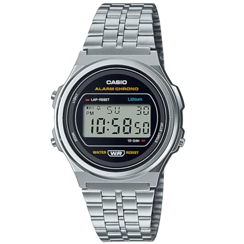 Casio Unisex Quartz Armbanduhr, 39.00mm GehäusegröÃŸe mit schwarz digital Zifferblatt und Silber Metallarmband Armband A171WE-1AEF von Casio
