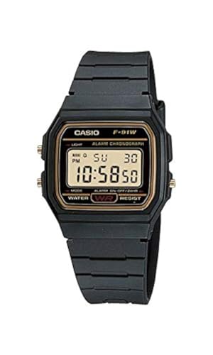 Casio F91WG-9 Herren-Armbanduhr, Retro, schwarzes Band, goldfarbenes Zifferblatt, Alarm, Chronograph, Digitaluhr von Casio