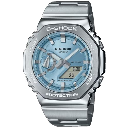 Casio G-Shock GM2110D-2A achteckige Uhr Edelstahl Hellblau Silber Silber Armband, silber, Armband von Casio