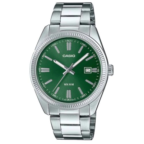 Casio Unisex Quartz Armbanduhr, 39.00mm GehäusegröÃŸe mit grün analog Zifferblatt und Silber Metallarmband Armband MTP-1302PD-3AVEF von Casio