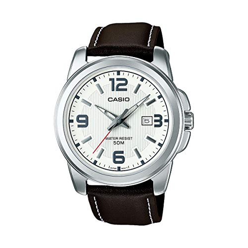 Casio Herren Quartz Armbanduhr, 43.00mm GehäusegröÃŸe mit weiÃŸ analog Zifferblatt und braun Lederarmband Armband MTP-1314PL-7AVEF von Casio