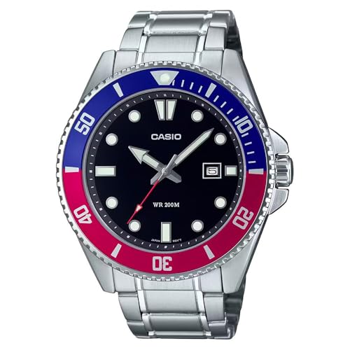 Casio MDV107D-1A3V Herren Edelstahl 200M Rot/Blau Lünette Schwarzes Zifferblatt 3-Zeiger Anlog Taucheruhr, Schwarz, Sport von Casio