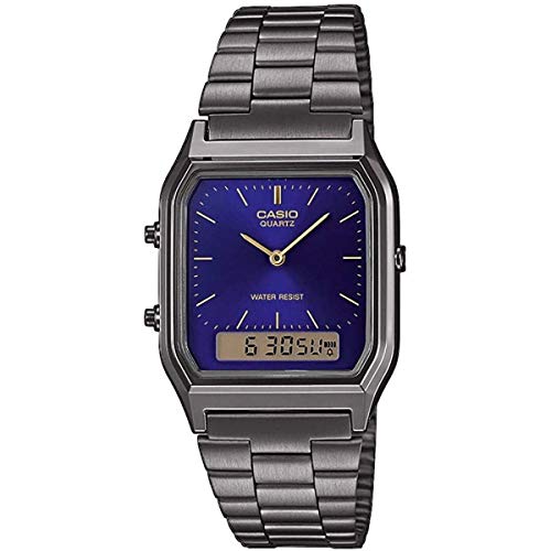 Casio Unisex Quartz Armbanduhr, 30.00mm GehäusegröÃŸe mit blau analog/digital Zifferblatt und Silber Metallarmband Armband AQ-230EGG-2AEF von Casio