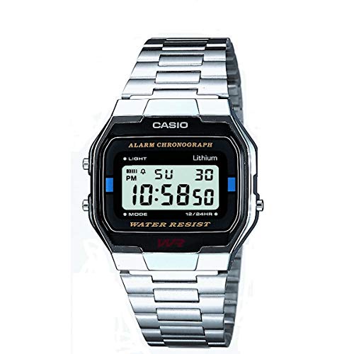 Casio Unisex Quartz Armbanduhr, 35.00mm GehäusegröÃŸe mit LCD digital Zifferblatt und Silber Metallarmband Armband A163WA-1QES von Casio