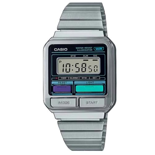 Casio Unisex Quartz Armbanduhr, 40.00mm GehäusegröÃŸe mit schwarz digital Zifferblatt und Silber Metallarmband Armband A120WE-1AEF von Casio