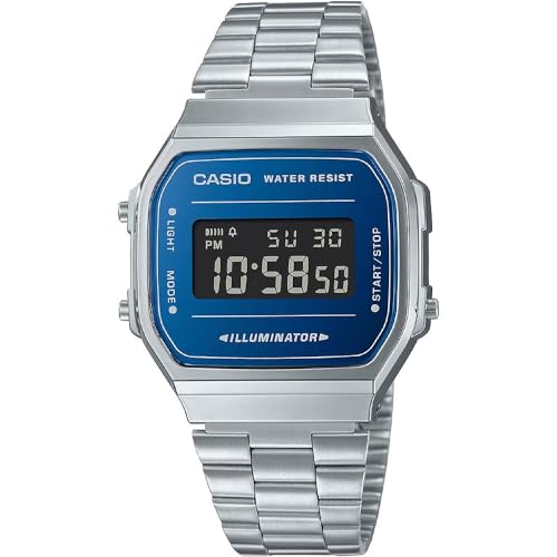 Casio Unisex Quartz Armbanduhr, 38.60mm GehäusegröÃŸe mit blau digital Zifferblatt und Silber Metallarmband Armband A168WEM-2BEF von Casio